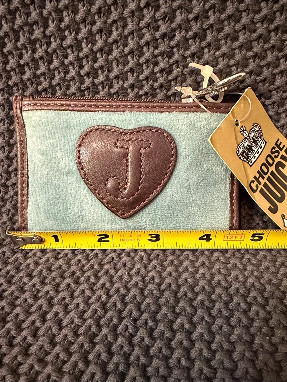 Juicy Couture Mint & Brown Embroidered Zip Card Case